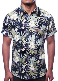 CAMISA ESTAMPADA CAMALEÃO URBANO FOLHAGEM TROPICAL PRETA