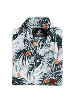 CAMISA ESTAMPADA CAMALEÃO URBANO FOLHAGEM TROPICAL BRANCA - Camaleão Urbano