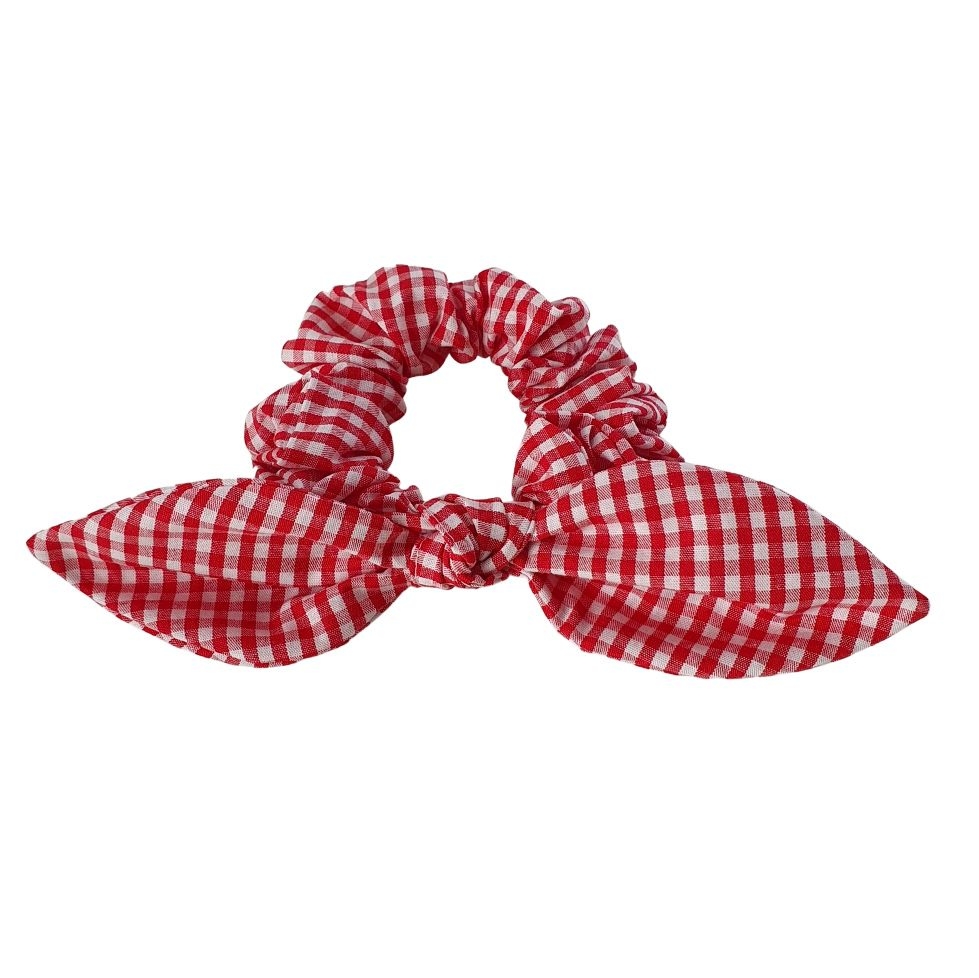 Scrunchie de cabelo de algodão xadrez vermelho.