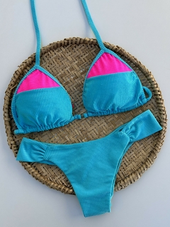 Conjunto Top Cortininha e Tanga Fio Duplo Canelado - Azul GG