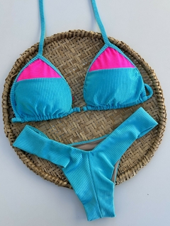 Conjunto Top Cortininha e Tanga Fio Duplo Canelado - Azul GG na internet