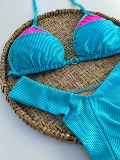 Conjunto Top Cortininha e Tanga Fio Duplo Canelado - Azul GG - Meu Bikini Novo