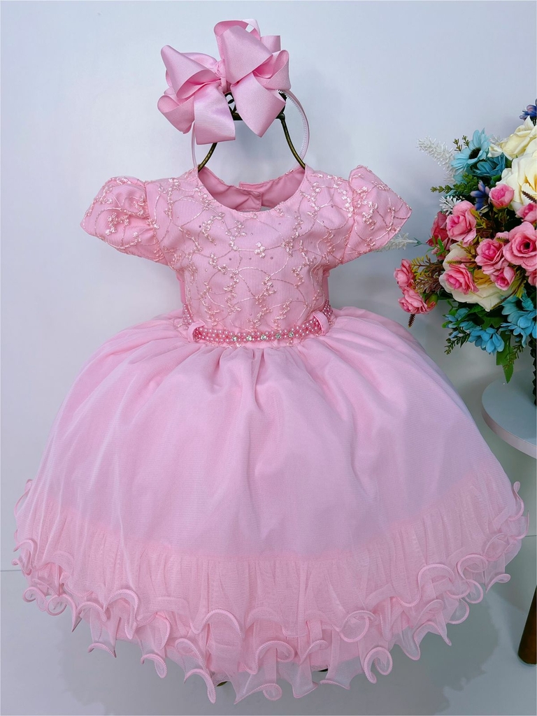 Vestido Infantil de Festa Rosa Bebê Luxo Princesa