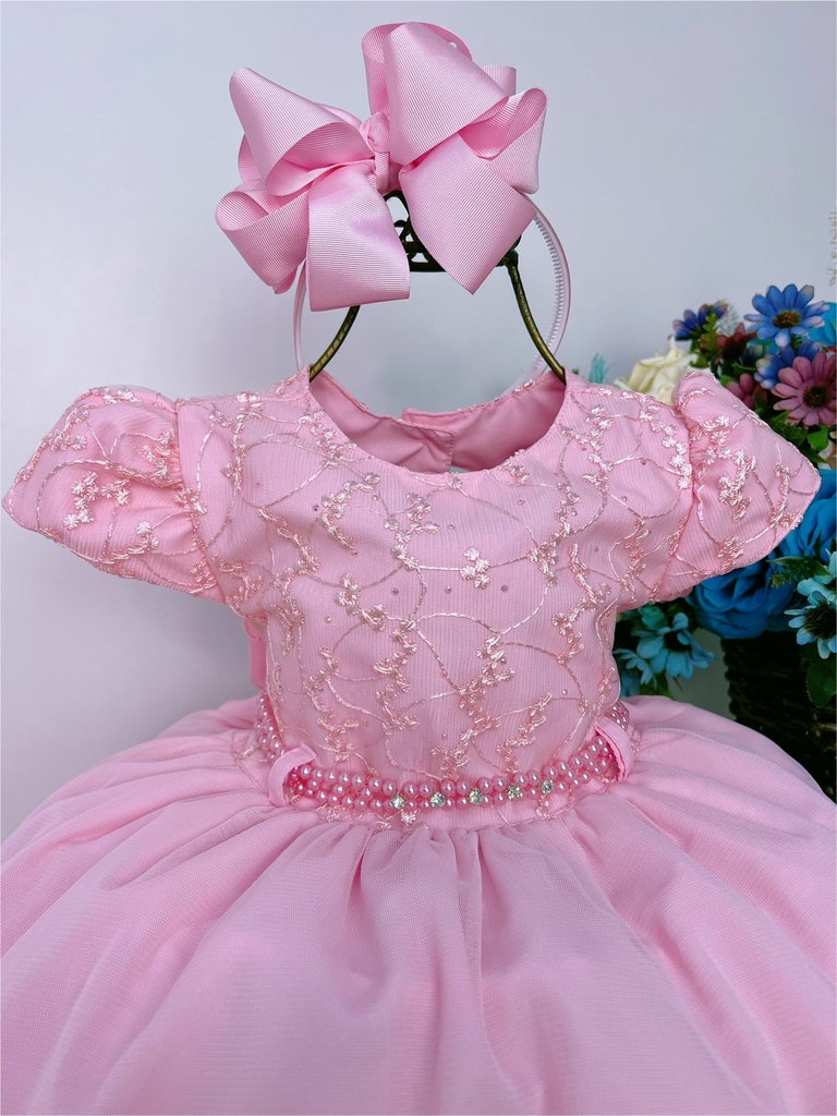 Vestido Infantil de Festa Rosa Bebê Luxo Princesa