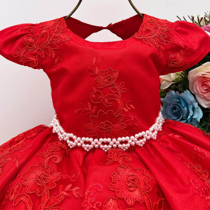 Vestido Infantil Vermelho Realeza Renda Princesa Luxo Festa - Rosa