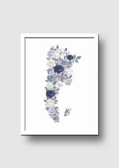 Cuadro Mapa Argentina Flores Azules Acuarela - Memorabilia
