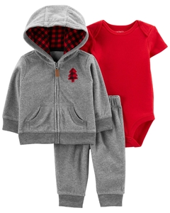 KIT 3 PEÇAS CASACO E CALÇA CINZA FLEECE BODY VERMELHO - CARTER'S