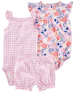 KIT 3 PEÇAS ROMPER BODY E SHORT FLORAL/QUADRICULADO - CARTERS