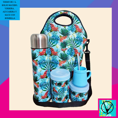 Set termo de 1 litro Flores fondo celeste - comprar online