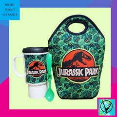 Set con jarra térmica Jurassic Park fondo verde - comprar online