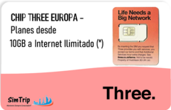 CHIP EUROPA THREE- Planes desde 10GB a Internet Ilimitado (*) + Llamadas Ilimitadas en Europa