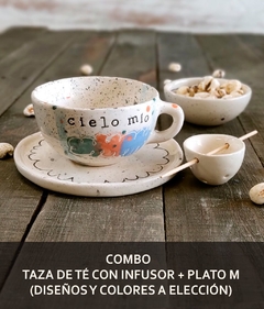 SET Taza de té con infusor + Plato M (Colores y diseños a elección)