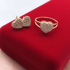 Anel e Brincos de Coração Com Pedras Em Ouro 18kl/750 - comprar online