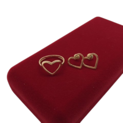 Anel e brincos de coração vazado em ouro 18kl/750 - Design Joias