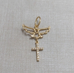 Pingente espírito santo com cruz zircônia Ouro 18K