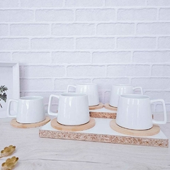 Tazas porcelana blanca con plato de bamboo x6 - comprar online