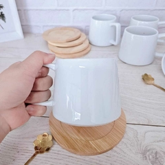 Tazas porcelana blanca con plato de bamboo x6 en internet