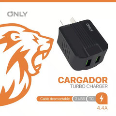 CARGADOR 220V ONLY MOD06 – 4,4A – 2 USB + CABLE TIPO C – NEGRO