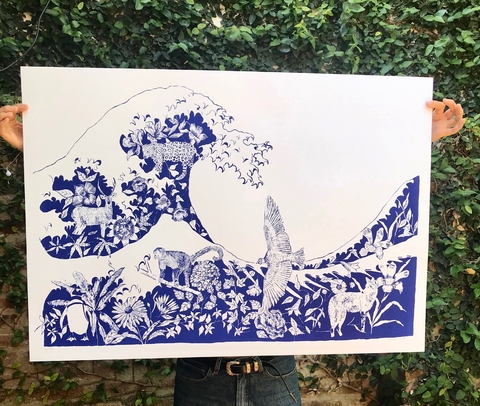 Serigrafía animales autóctonos azul oscuro 100 x 70 cm