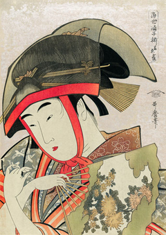 UTAMARO KITAGAWA - Woman holding a fan wearing a traditional transparent hat - 3JP5740