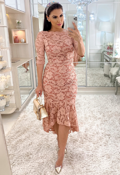 Imagem do Vestido Midi em Renda Nude Moda Evangélica