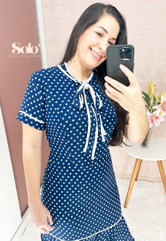 Vestido Azul Poá com Babado na Barra Moda Evangélica 1503 - Solo Moda Evangélica