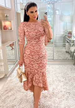 Vestido Midi em Renda Nude Moda Evangélica