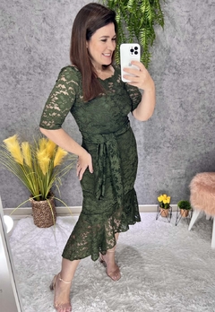 Vestido Midi em Renda Verde Militar Moda Evangélica - comprar online