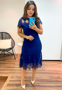 Vestido Midi de Renda Azul Moda Evangélica na internet