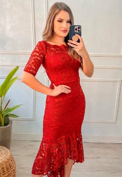 Vestido Midi em Renda Terracota Moda Evangélica