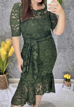 Vestido Midi em Renda Verde Militar Moda Evangélica - Solo Moda Evangélica