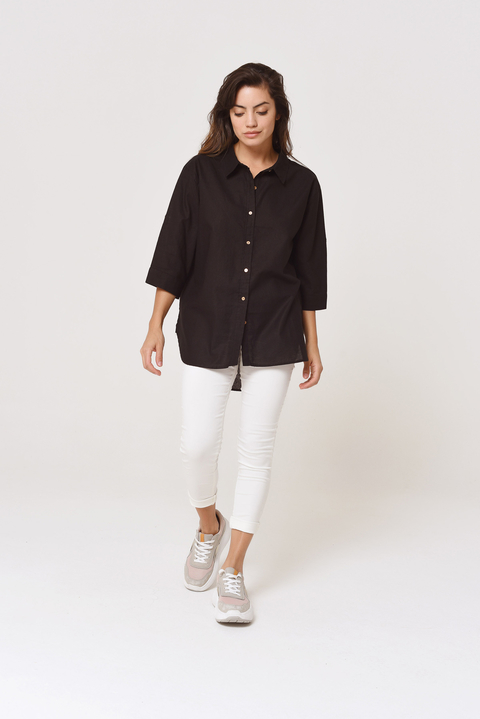 Camisa Lino Larga Oversize Negro