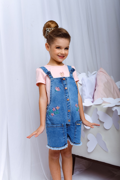 Macaquinho Jeans c/ Fores 2151162 Rosa - Jacris Kids | Transformando Sonhos em Moda