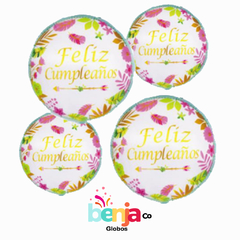 GLOBO FELIZ CUMPLE CON BORDE CELESTE Y FLORES 45CM