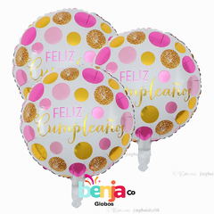 GLOBO FELIZ CUMPLE LUNARES GORDOS FUCSIA Y DORADO 23CM