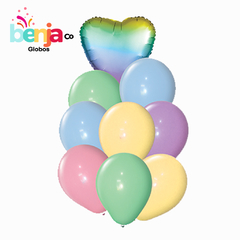 BOUQUET 9 GLOBOS PASTEL CON CORAZON