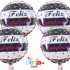 GLOBO FELIZ CUMPLE RAYAS BCA Y NEG 23CM