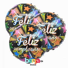 GLOBO FELIZ CUMPLE NEGRO CON ESTRELLAS DE COLORES 45CM