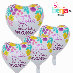 GLOBO FELIZ DIA MAMA CORAZON BLANCO CON FLORES 18" (45CM)