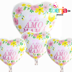 GLOBO CORAZON PLATA TE AMO MAMA CON FLORES 18" (45CM)