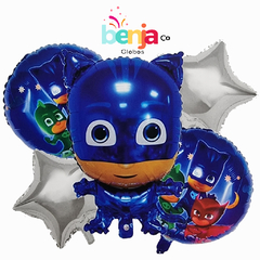 SET DE GLOBOS HEROES EN PIJAMA AZUL X5 PIEZAS