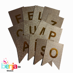 BANDERIN FELIZ CUMPLE CHAMPAGNE GLITTER 16.5X11.4CM