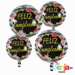 GLOBO FELIZ CUMPLE RAYADO BCO/NEG FLORES