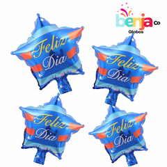 GLOBO ESTRELLA AZUL Y NARANJA FELIZ DIA 23CM