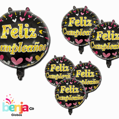 GLOBO FELIZ CUMPLE NEGRO CON CORAZONES ROSAS 18" (45CM)