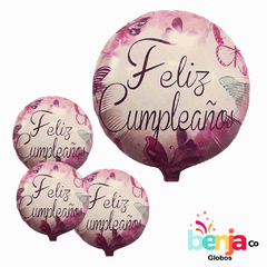 GLOBO FELIZ CUMPLE ROSA MARIPOSAS 45CM