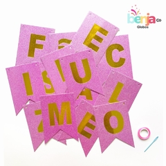 BANDERIN FELIZ CUMPLE ROSA GLITTER 16.5X11.4CM - comprar online