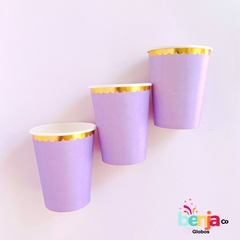 VASO LILA PASTEL CON BORDE DORADO X10