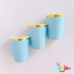 VASO CELESTE PASTEL CON BORDE DORADO X10