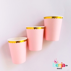 VASO ROSA PASTEL CON BORDE DORADO X10